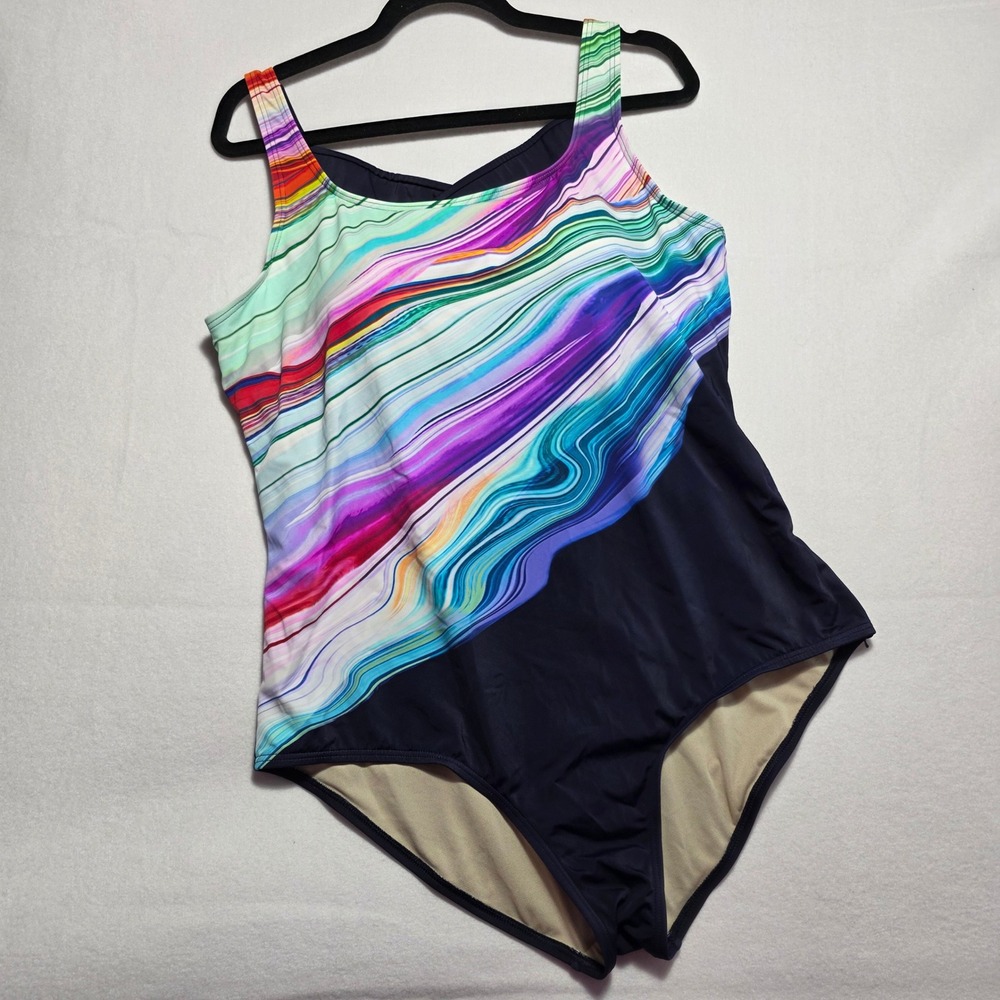 Swimsuits For All Women 22 One Piece Swimsuit Multicolor Waves Navy Cross Back